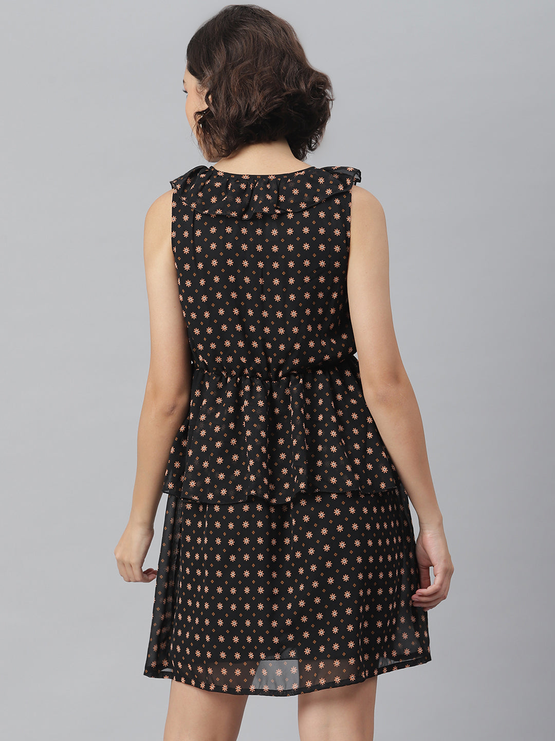 Women's Black Printed Peplum Style Dress - StyleStone