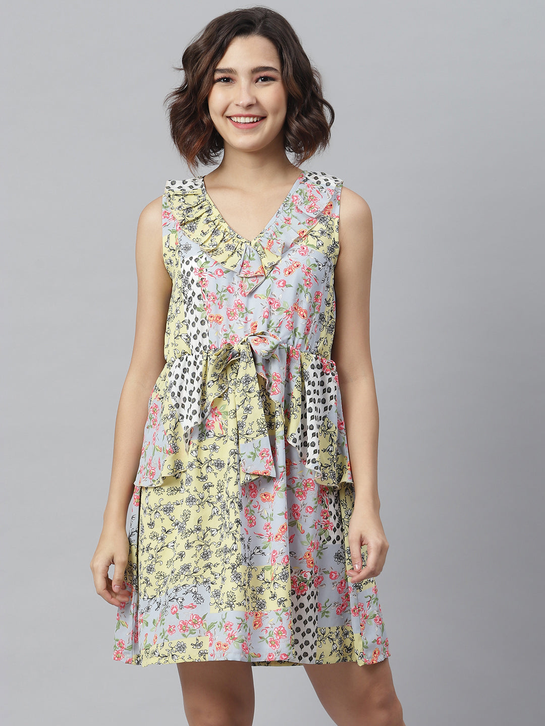 Women's Tile Print Dress with Peplum Detail - StyleStone