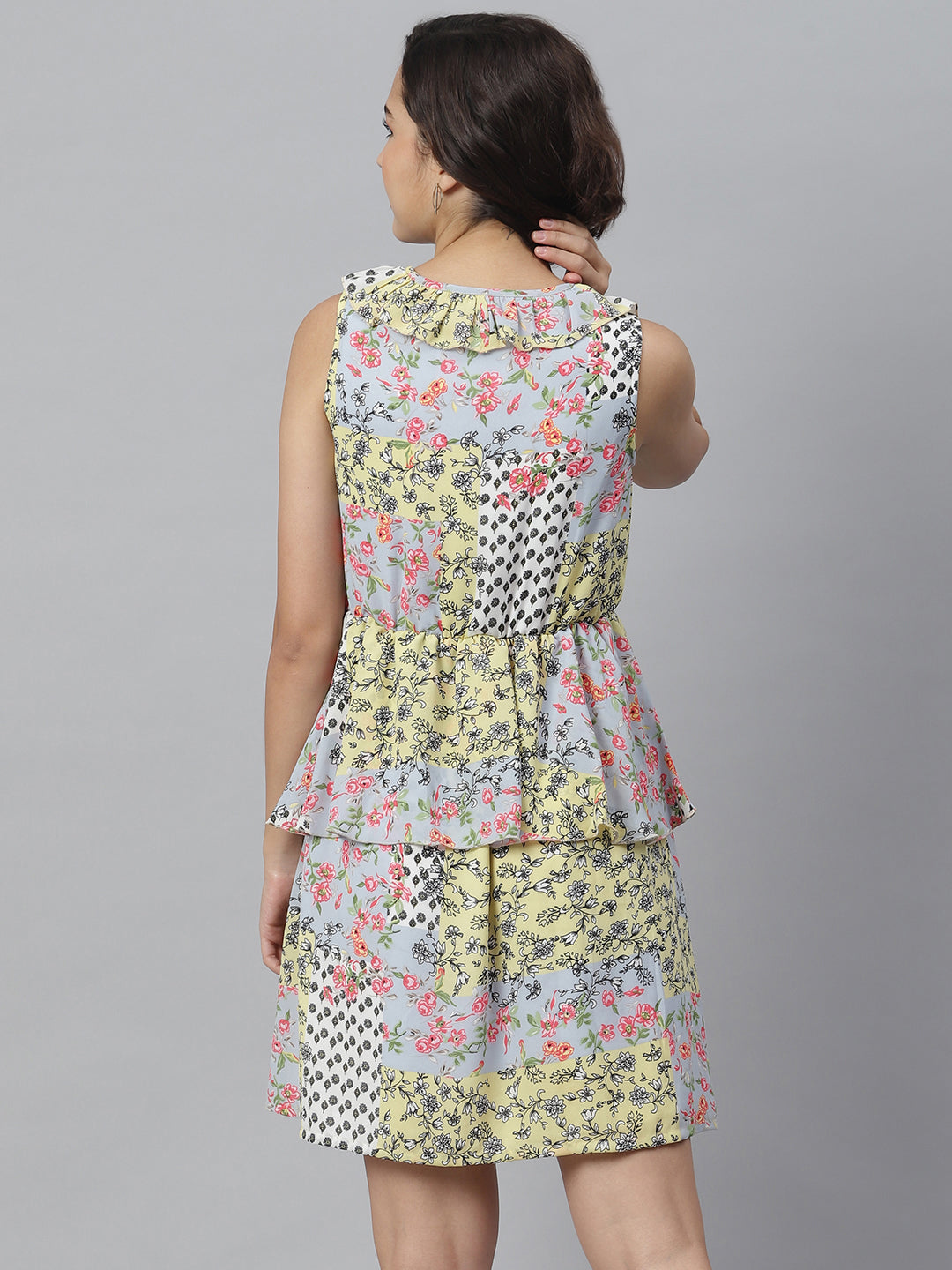 Women's Tile Print Dress with Peplum Detail - StyleStone