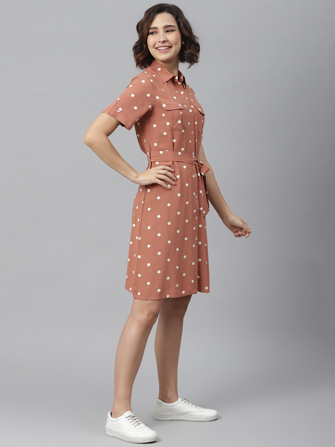 Women's Brown Polka Shirt dress with belt - StyleStone