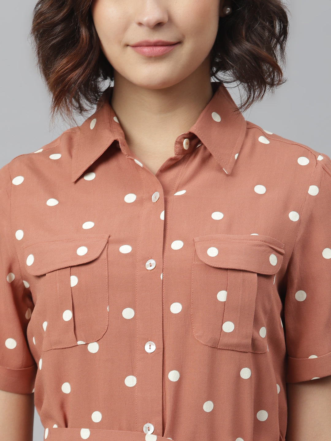 Women's Brown Polka Shirt dress with belt - StyleStone