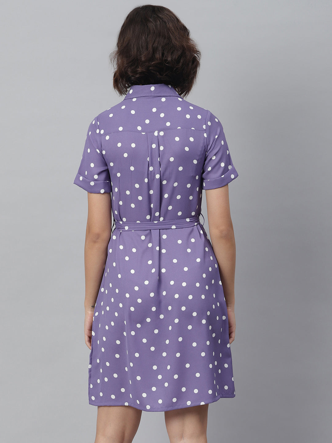 Women's Lavender Polka Shirt Dress with belt - StyleStone