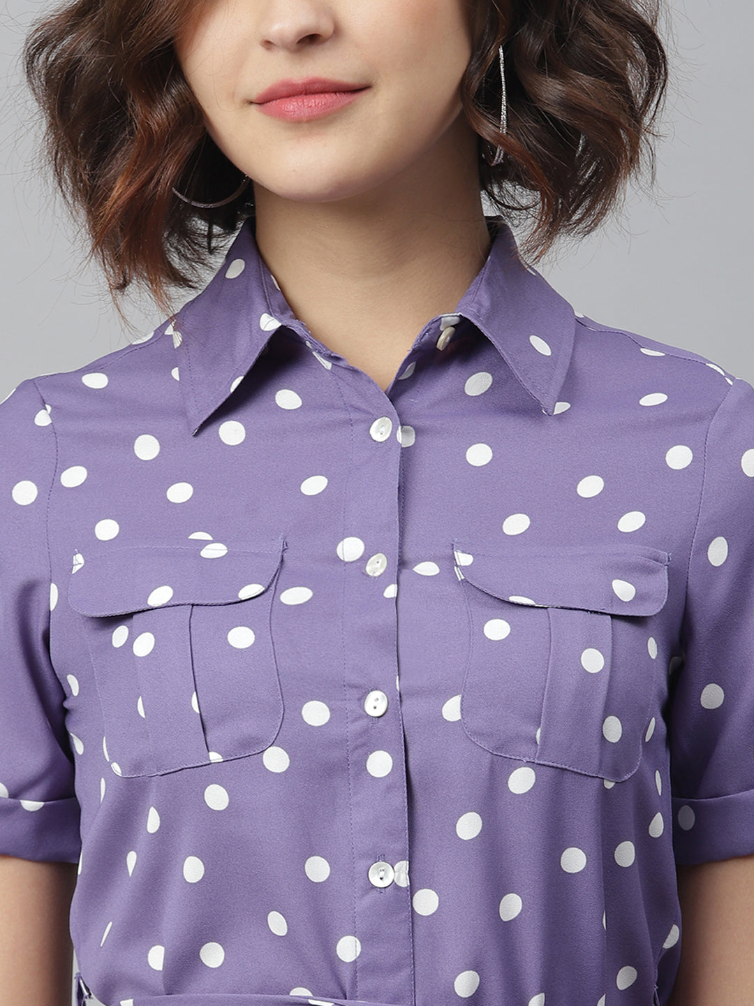 Women's Lavender Polka Shirt Dress with belt - StyleStone