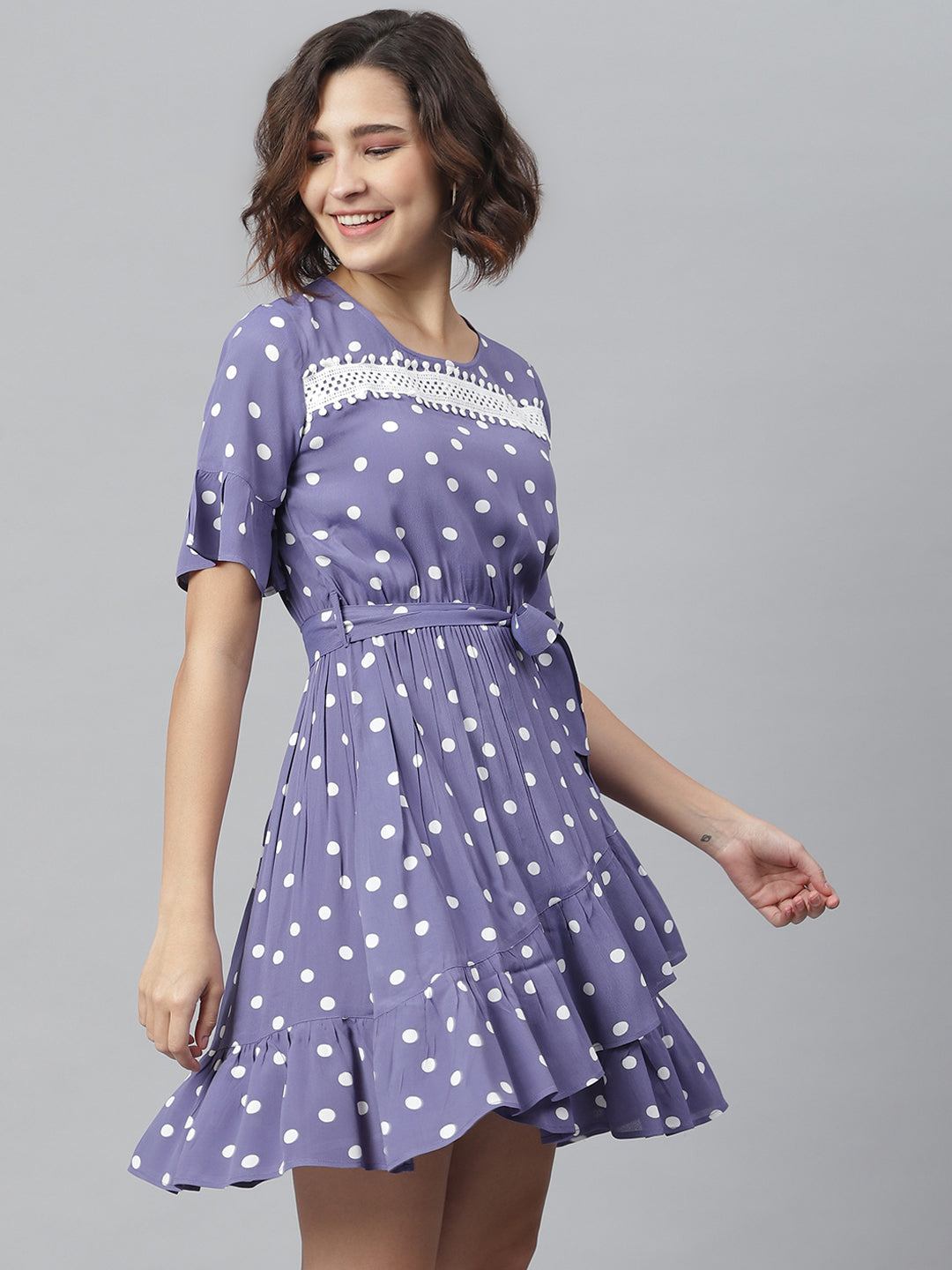 Women's Lavender Polka Dress with Lace detail - StyleStone