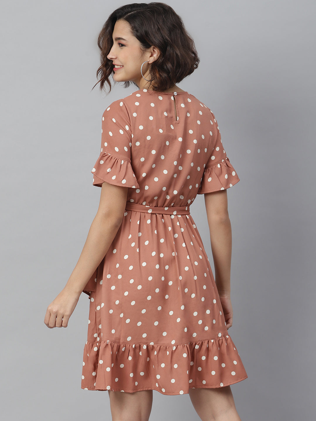 Women's Brown Polka Dress with Lace detail - StyleStone