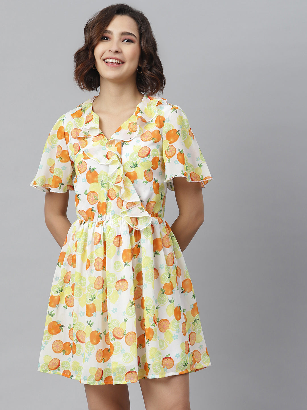 Women's Fruit Print Dress with Ruffle - StyleStone