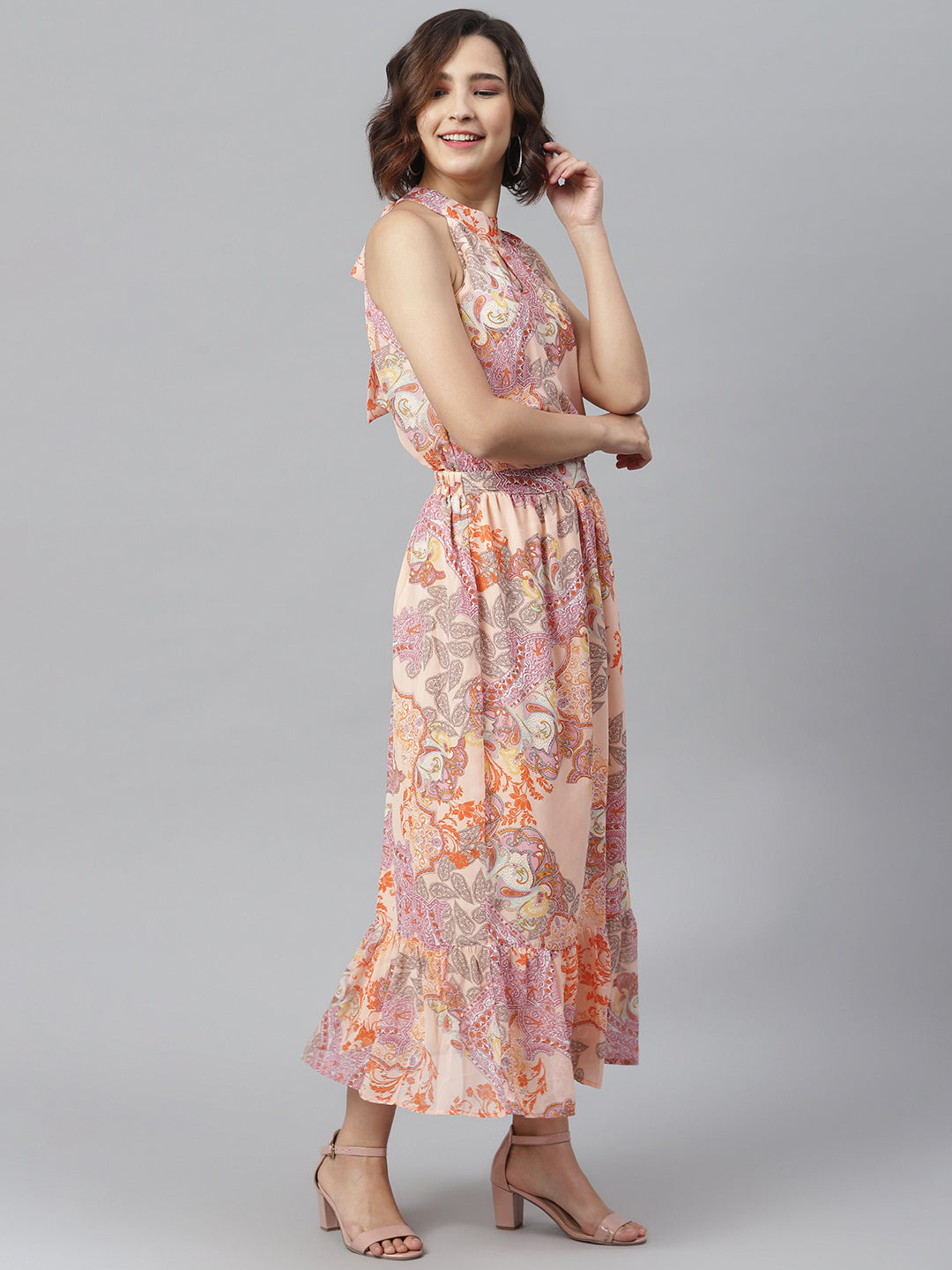 Women's Peach Printed Maxi Dress - StyleStone