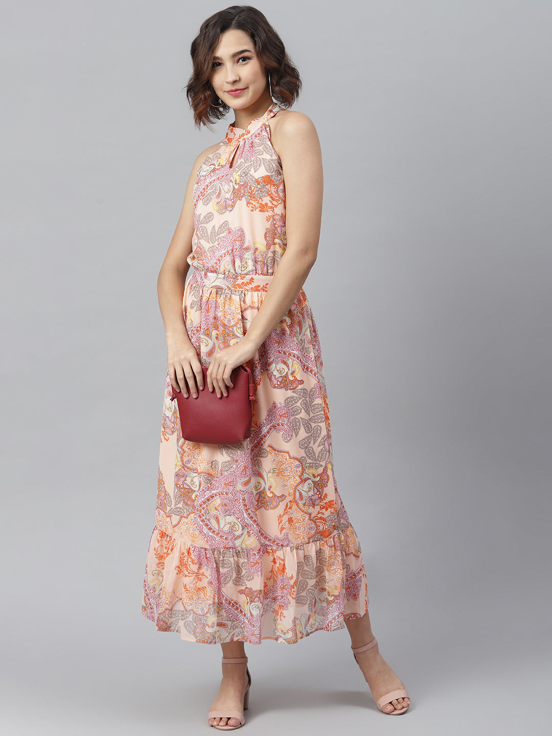 Women's Peach Printed Maxi Dress - StyleStone