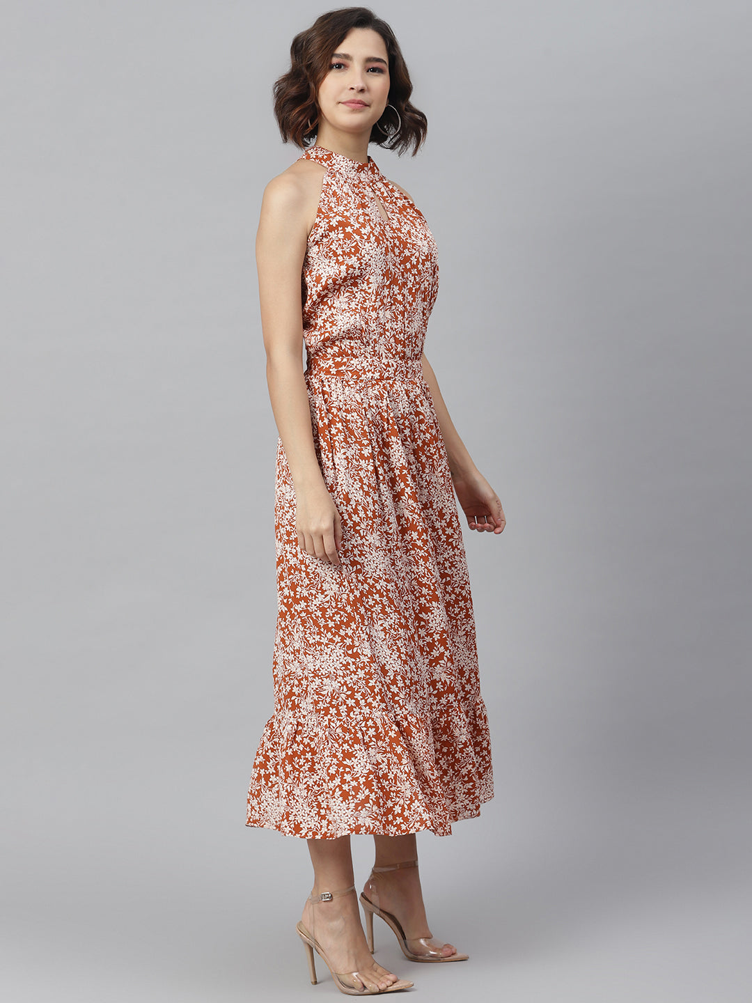 Women's Rust Printed Maxi Dress - StyleStone