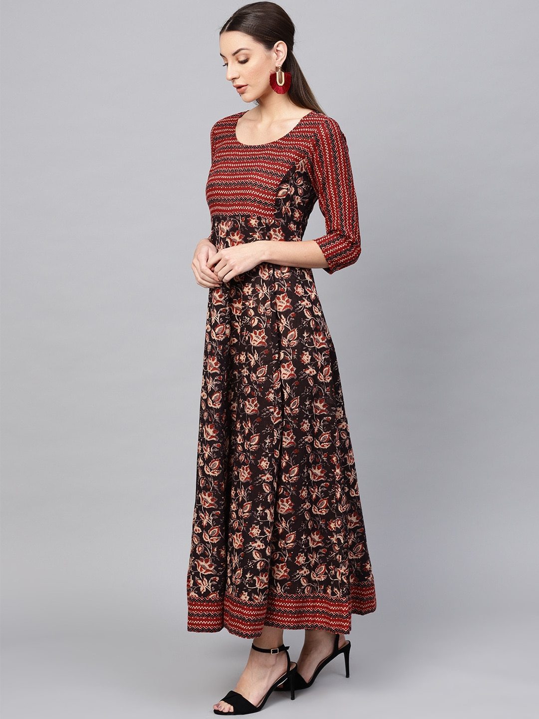 Women's  Brown & Beige Printed Maxi Dress - AKS