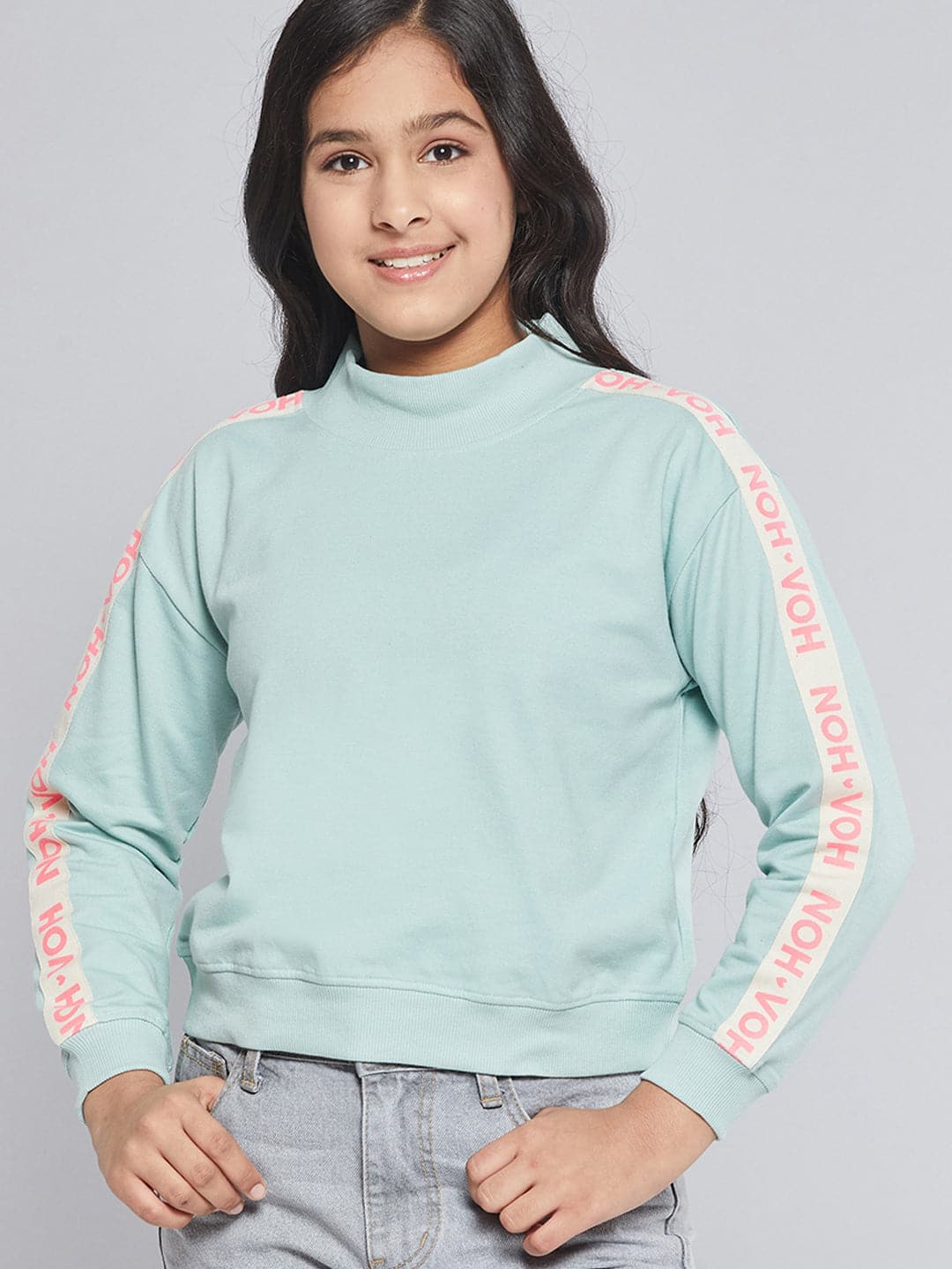 Girls Blue Terry Brand Tape High Neck Sweatshirt - Lyush Kids
