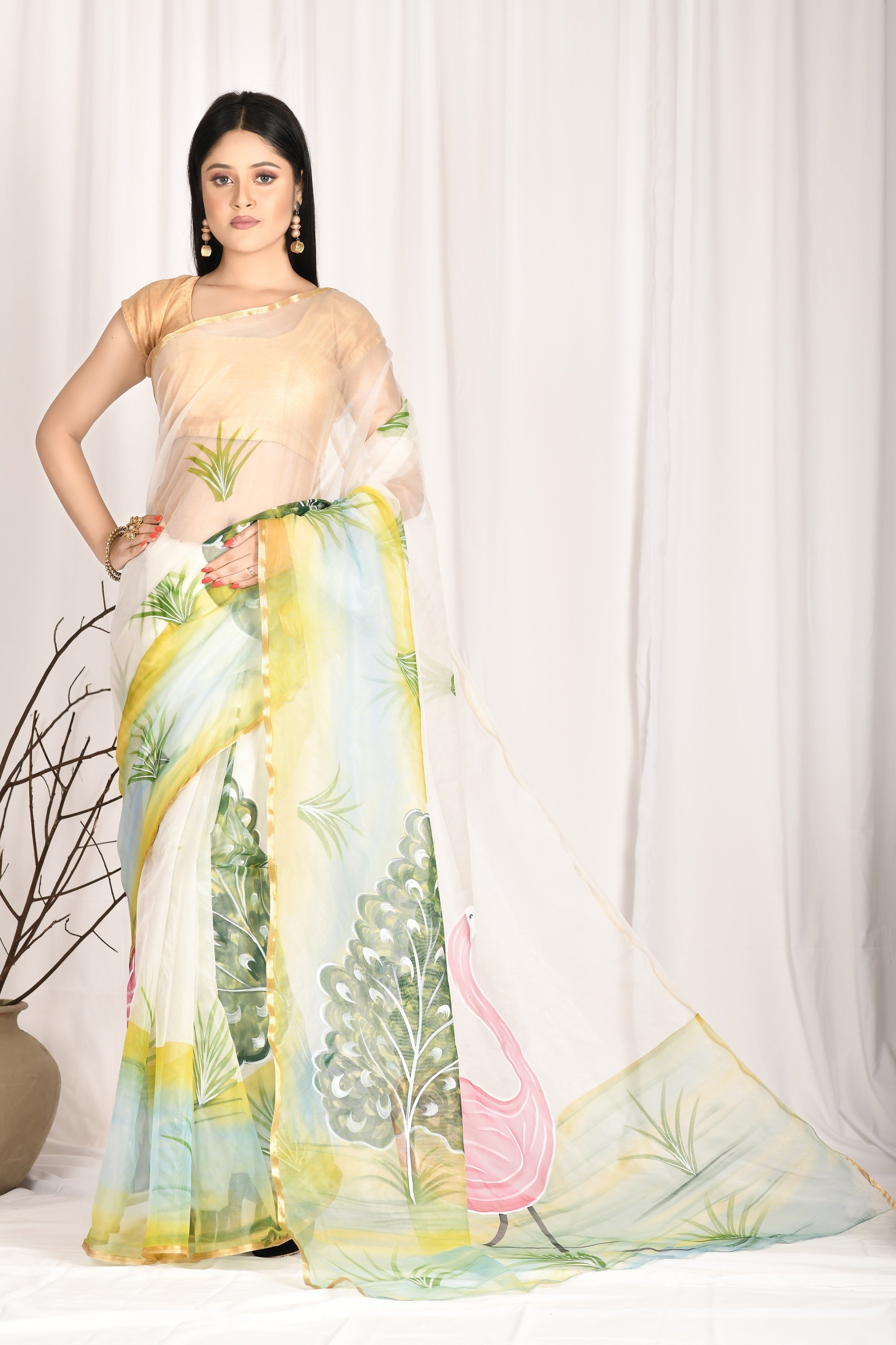 Women's Hand Painted Off White Saree With All-Over Vegetable Dyes With Blouse - Saras The Label
