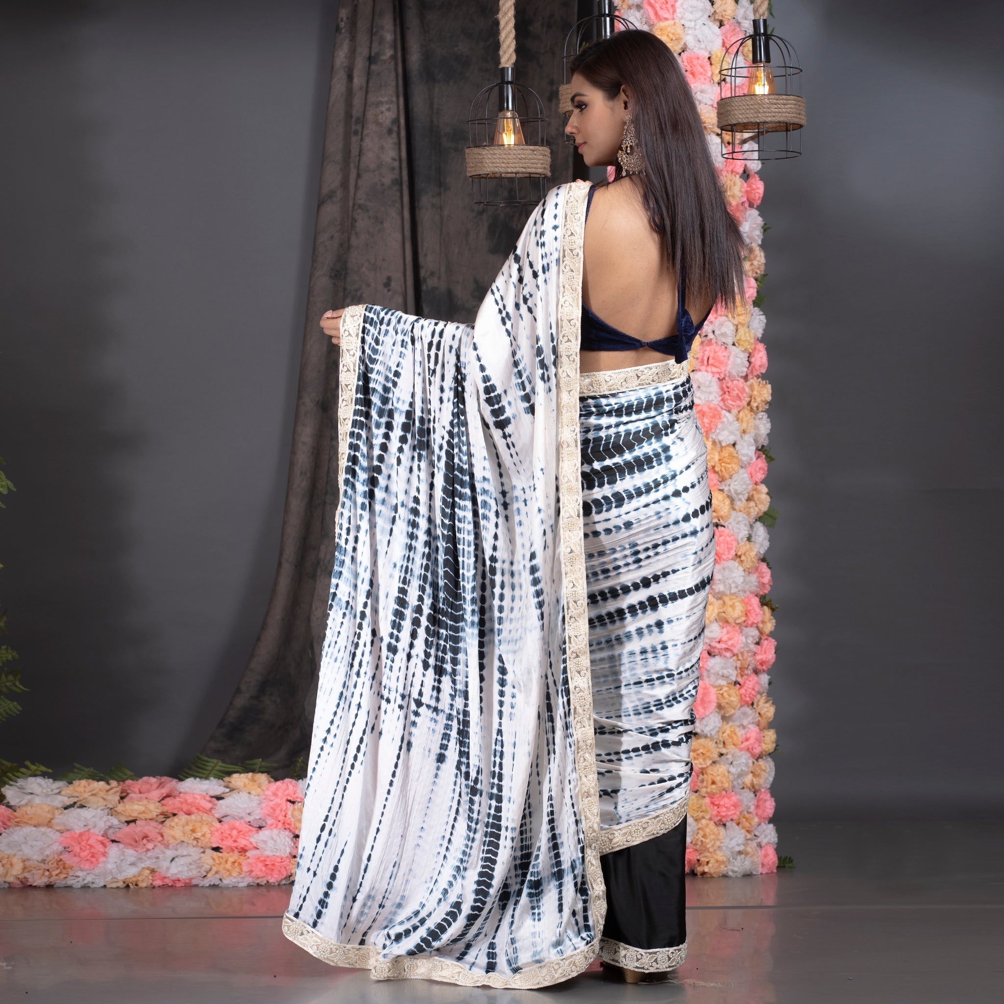 Women's Offwhite With Black Shibori Satin Saree With Pearl Embroidered Lace Border - Boveee