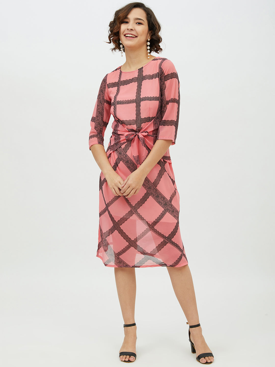 Women's Pink Check front Tie Knot Midi Dress - StyleStone