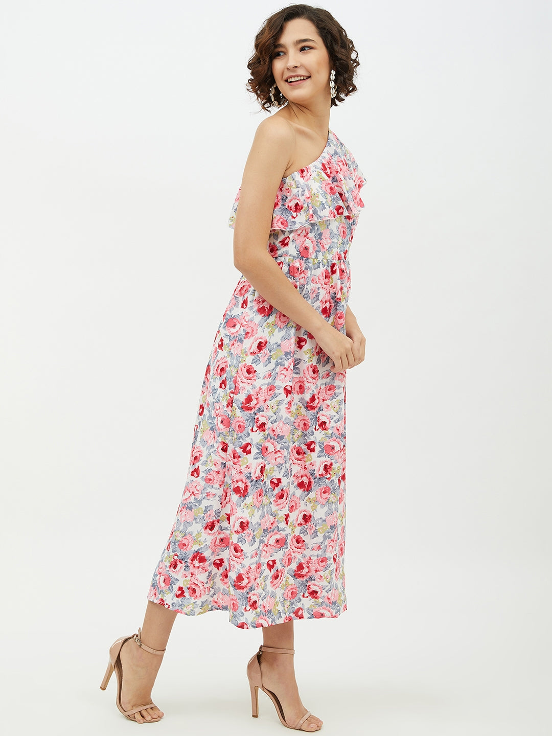Women's Floral One shoulder Polyester Crepe Long dress - StyleStone
