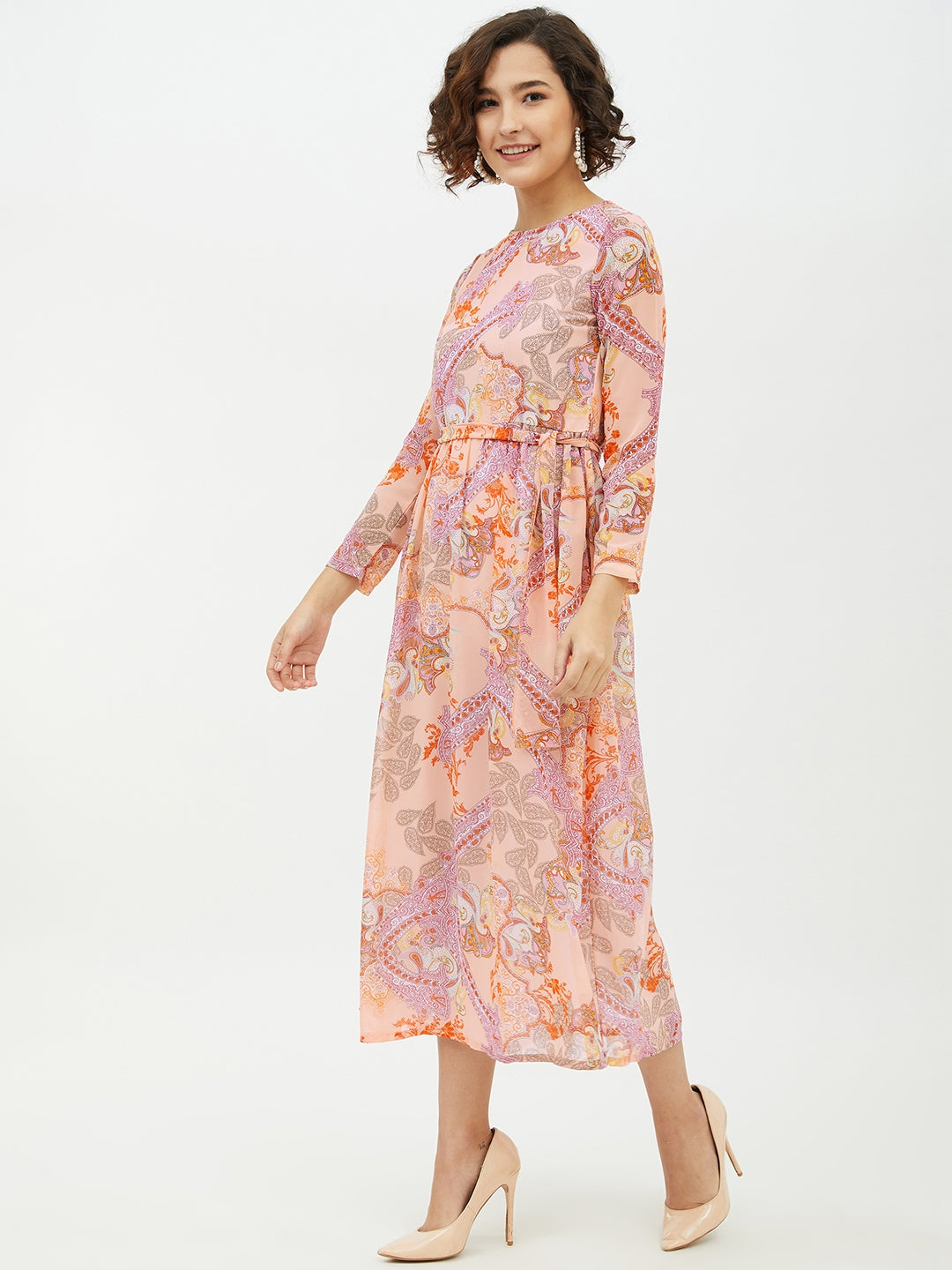 Women's Peach Printed Long Dress - StyleStone