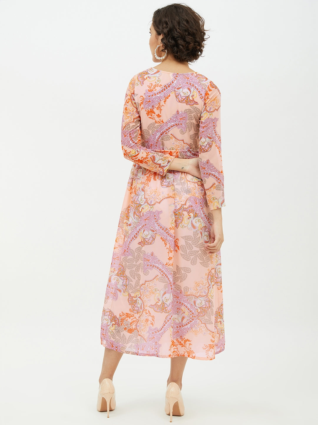 Women's Peach Printed Long Dress - StyleStone