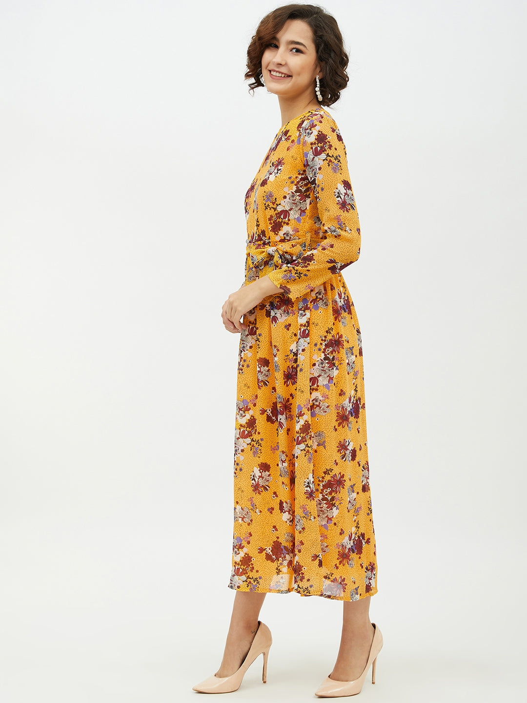 Women's Yellow Printed Floral Long Dress - StyleStone