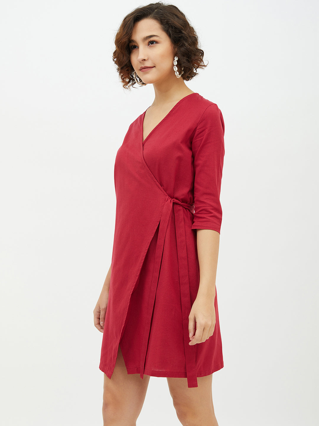Women's Maroon Cotton Linen Wrap Dress - StyleStone
