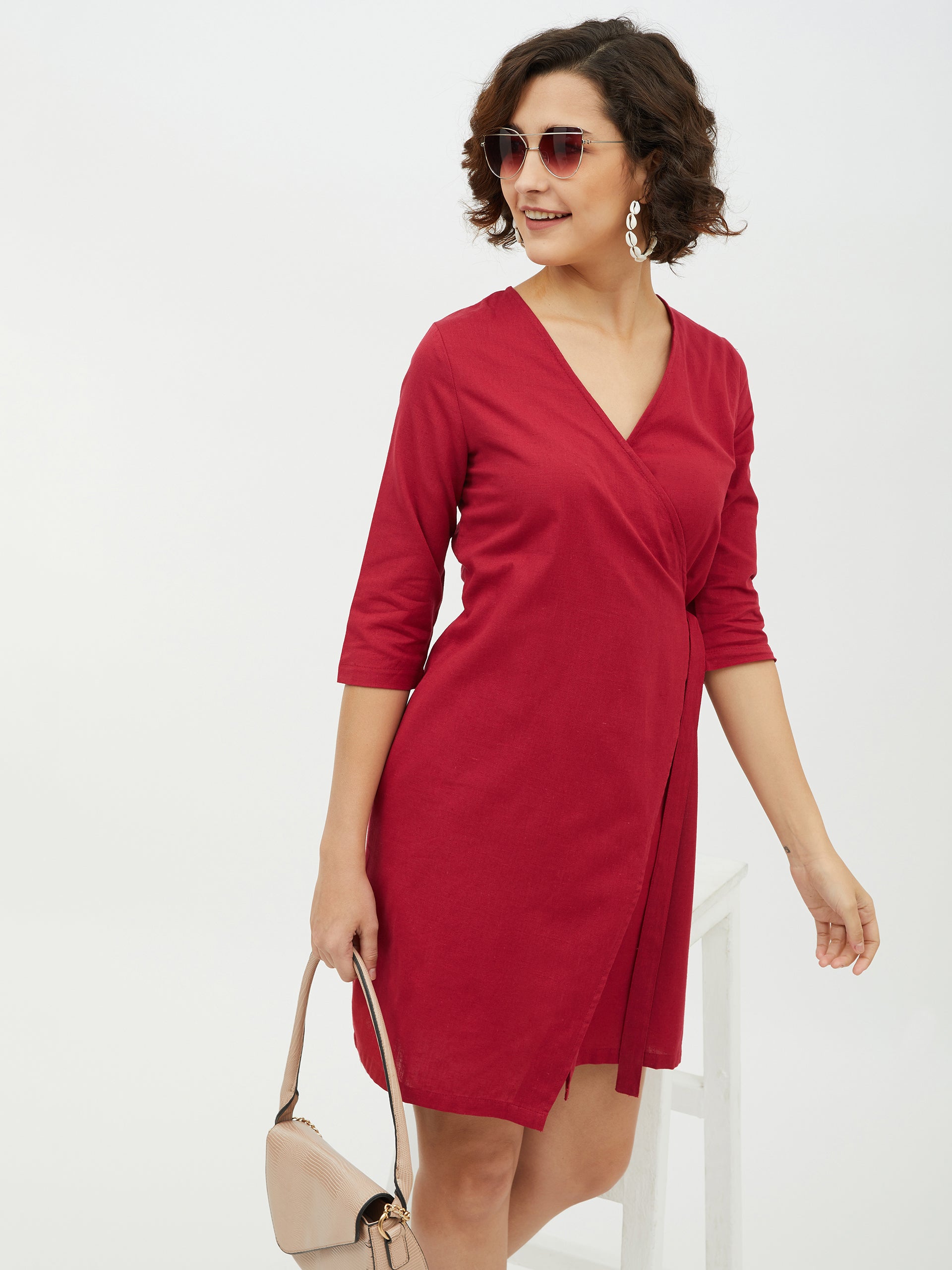 Women's Maroon Cotton Linen Wrap Dress - StyleStone