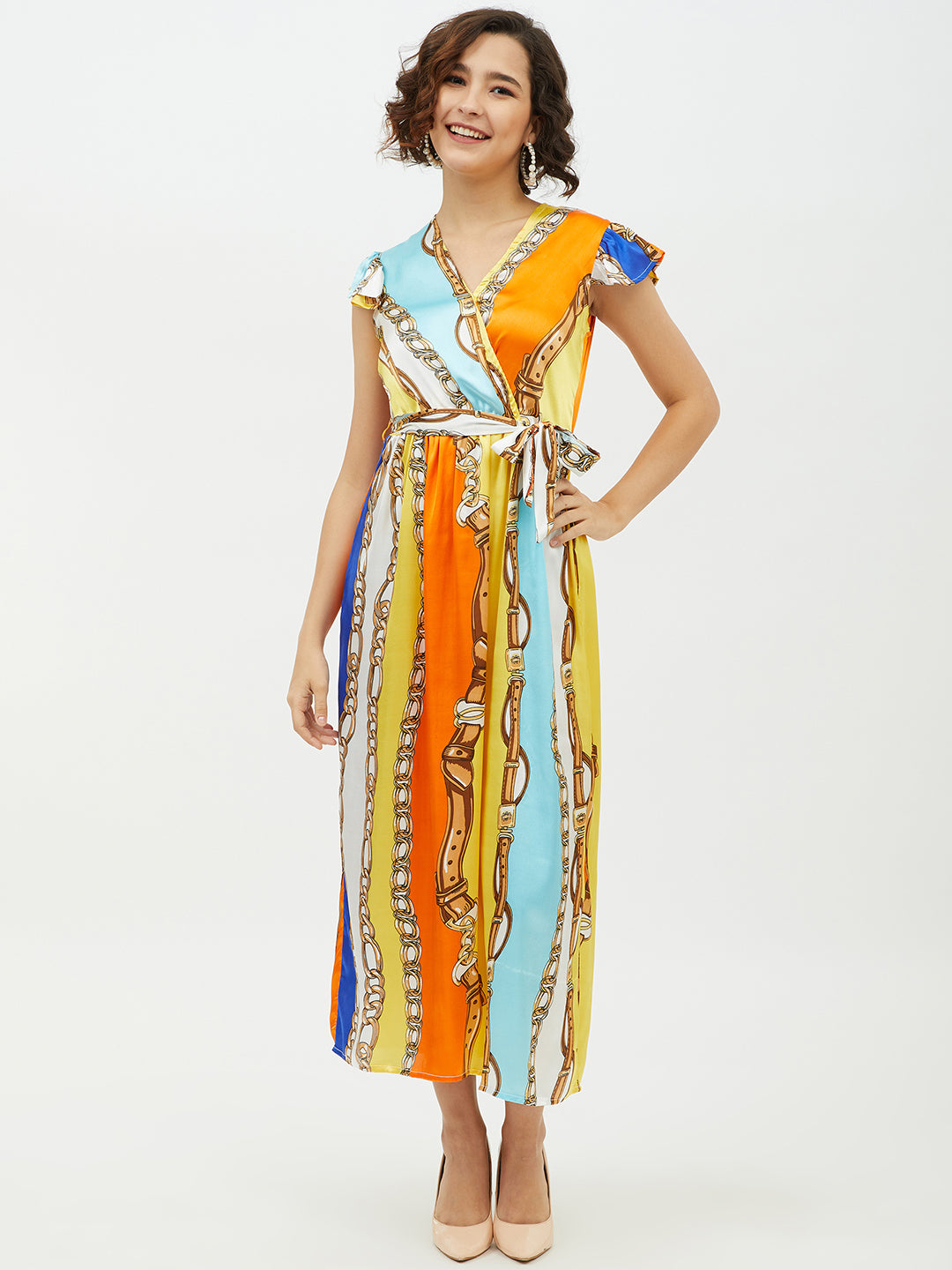 Women's Satin Chain Print Long Dress - StyleStone
