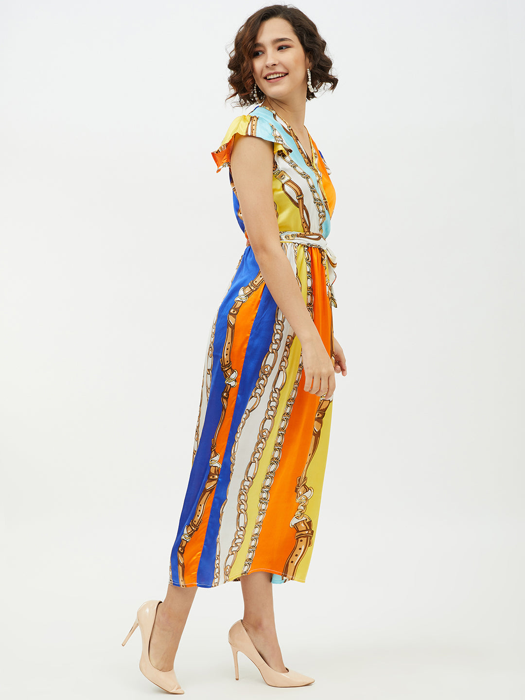 Women's Satin Chain Print Long Dress - StyleStone