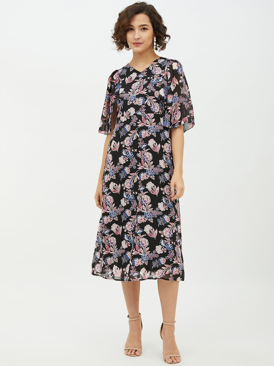 Women's Polyester Georgette Floral Print Cape style Dress - StyleStone