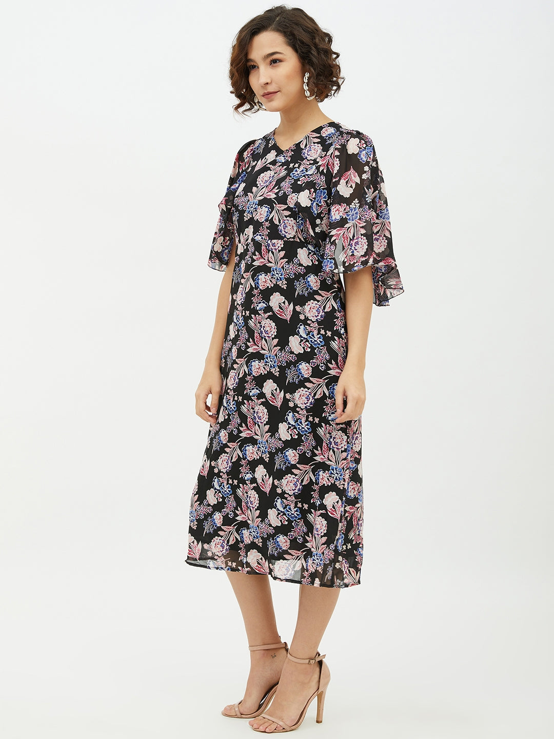Women's Polyester Georgette Floral Print Cape style Dress - StyleStone