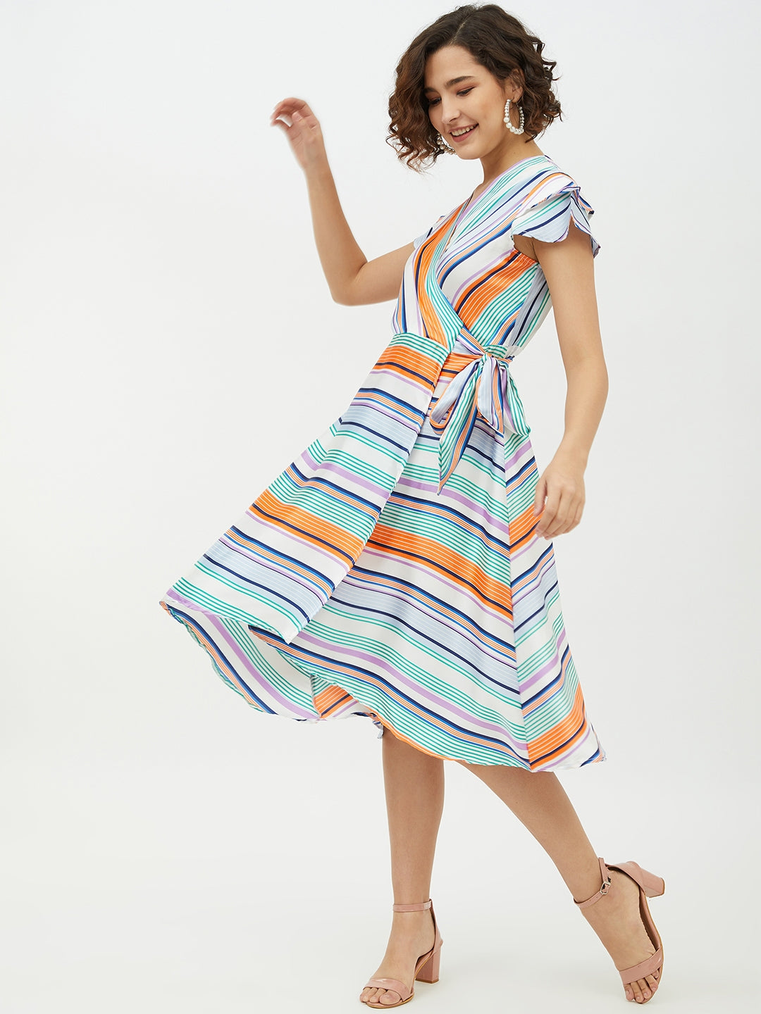 Women's Polyester Satin Striped Wrap Dress - StyleStone