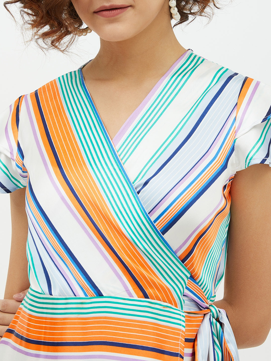 Women's Polyester Satin Striped Wrap Dress - StyleStone