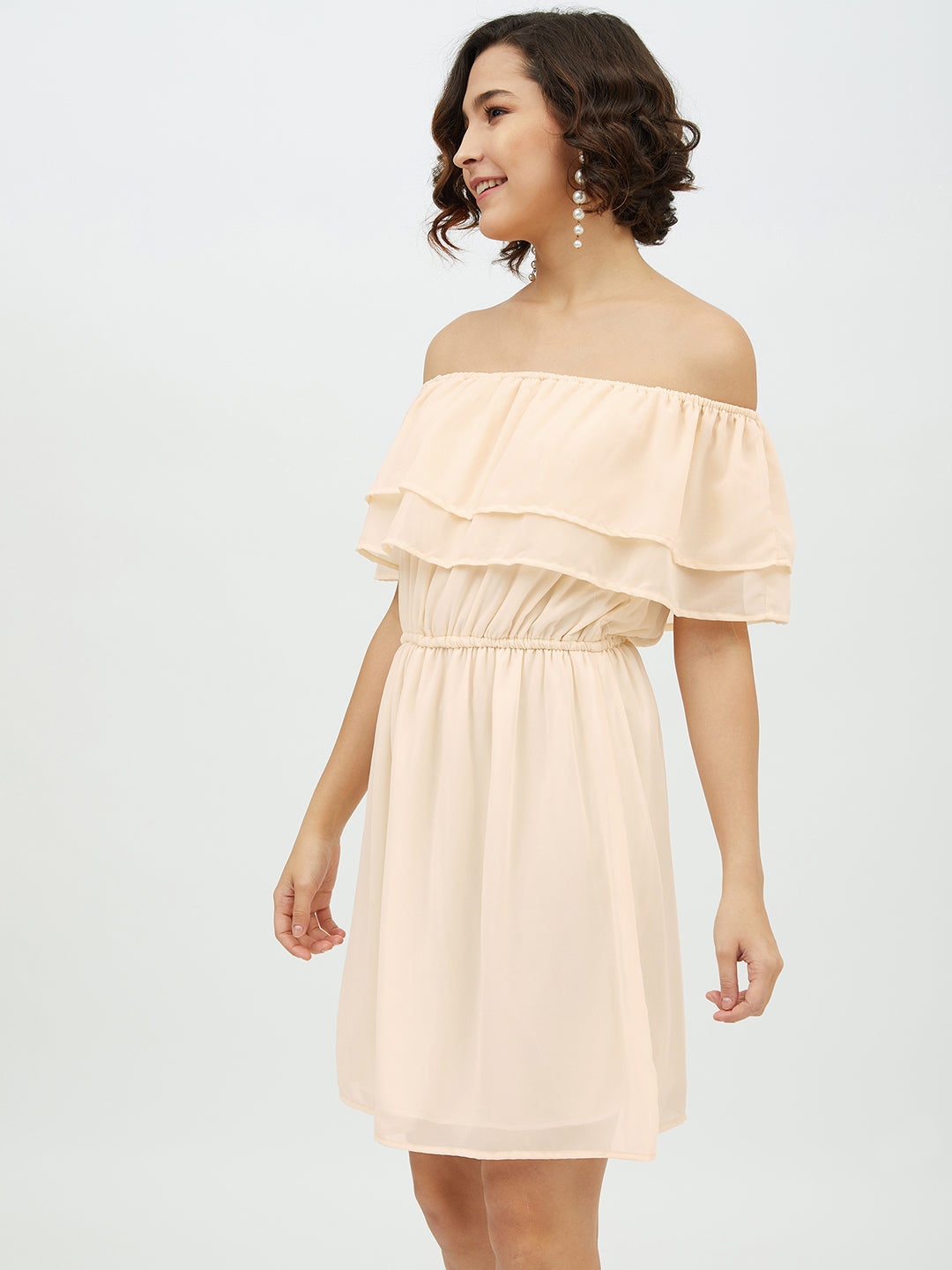 Women's Peach Off -Shoulder Georgette Dress - StyleStone