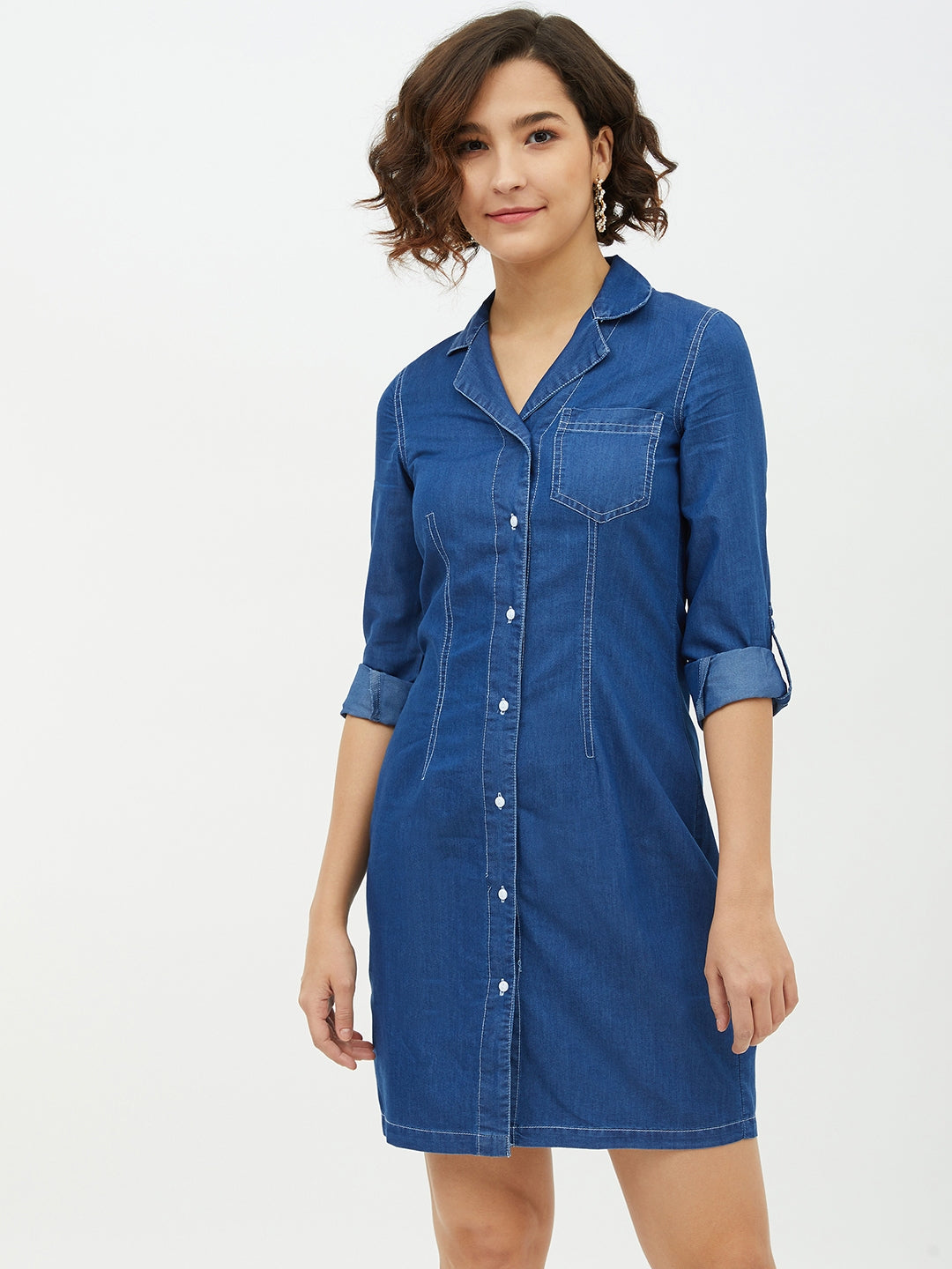 Women's Denim Lapel Collar Shirt Dress - StyleStone