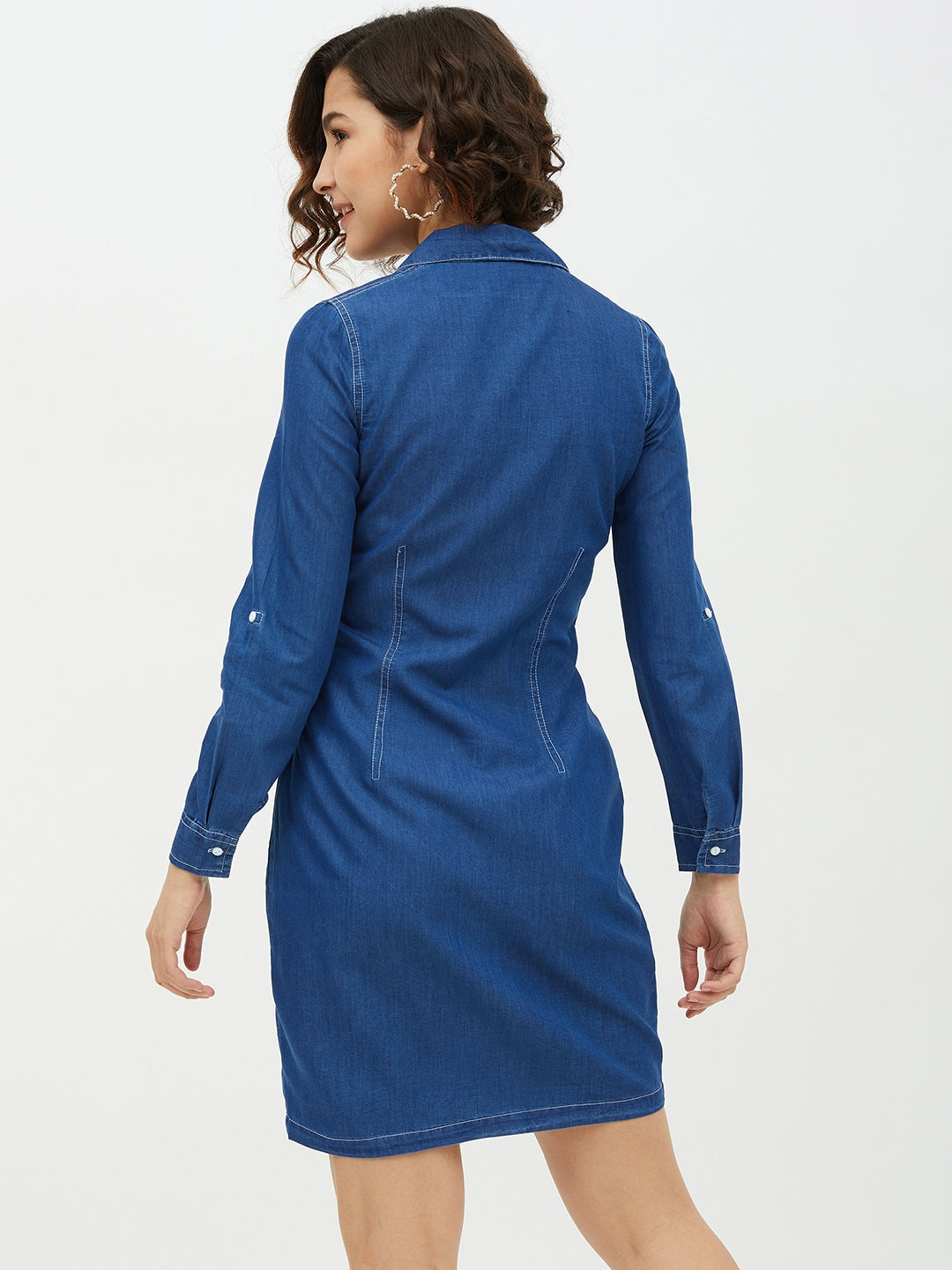 Women's Denim Lapel Collar Shirt Dress - StyleStone