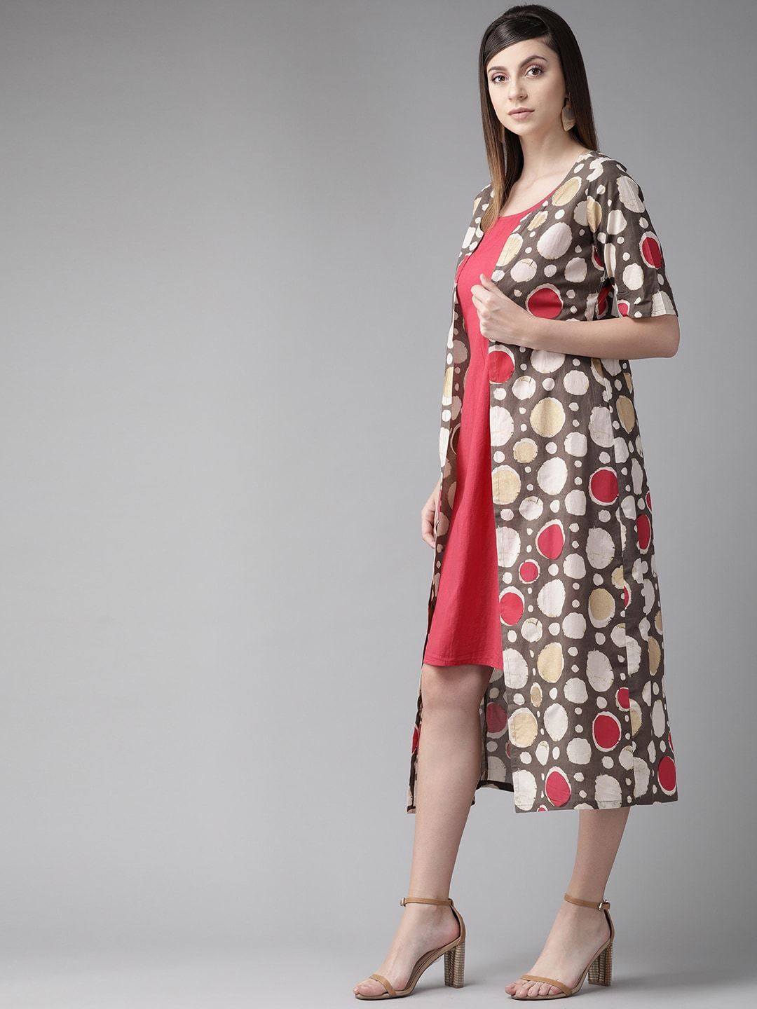 Women's  Red & Brown Printed Layered A-Line Dress - AKS