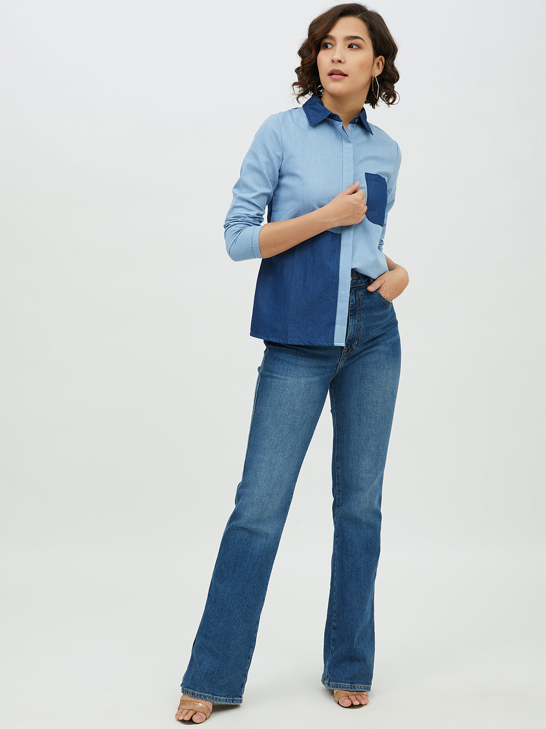 Women's Blue Colour Block Denim Shirt - StyleStone