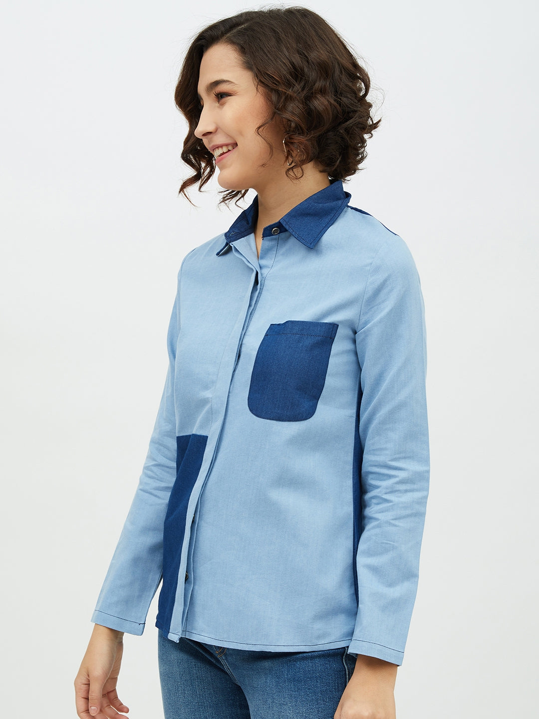 Women's Blue Colour Block Denim Shirt - StyleStone