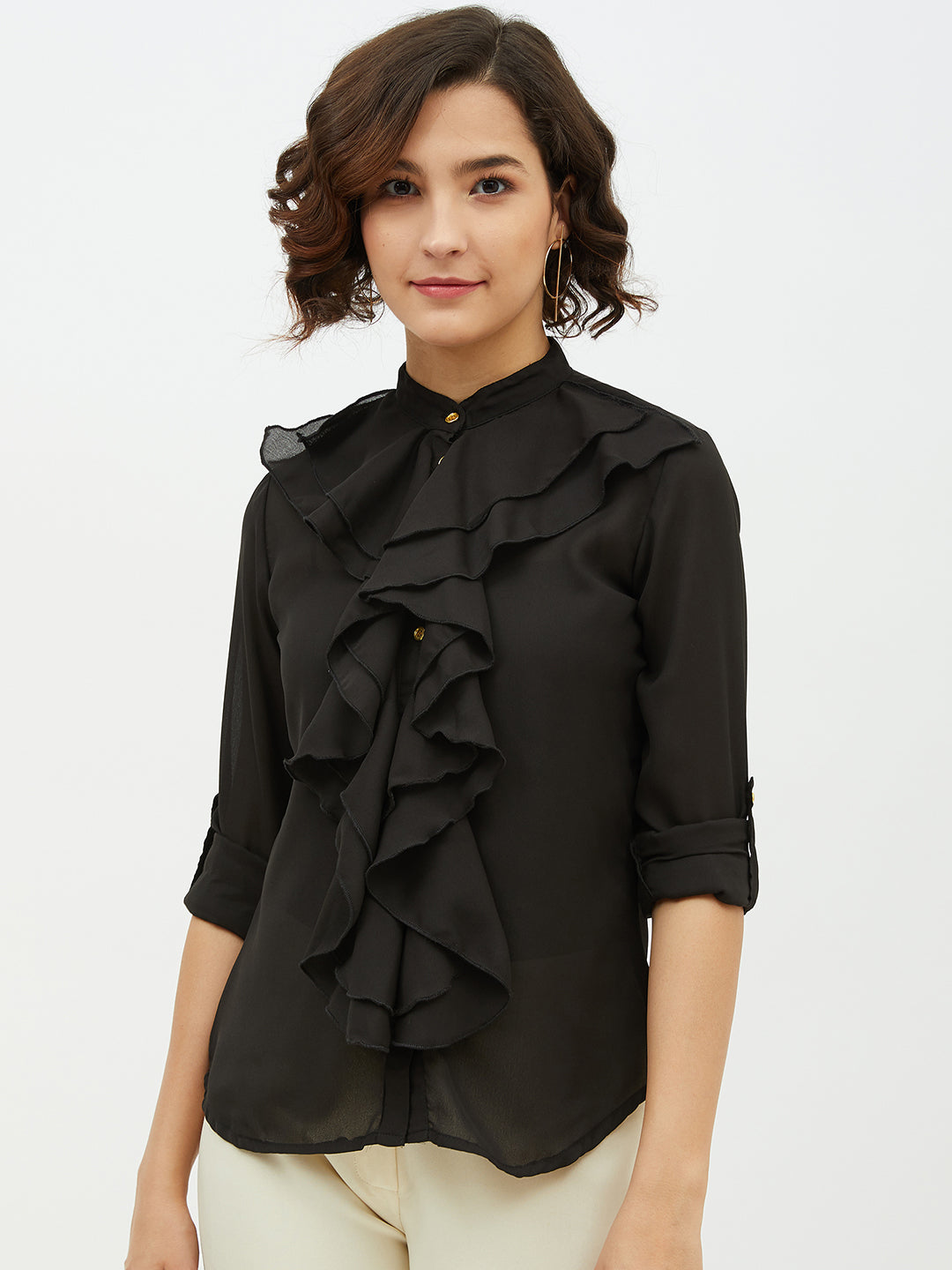 Women's Black Ruffle Polyester Moss Shirt - StyleStone
