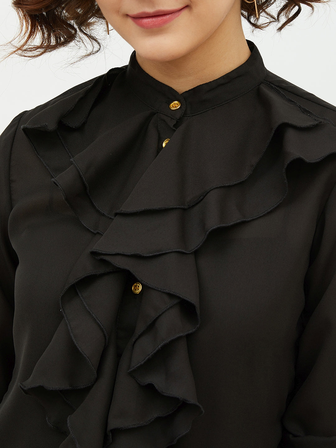 Women's Black Ruffle Polyester Moss Shirt - StyleStone