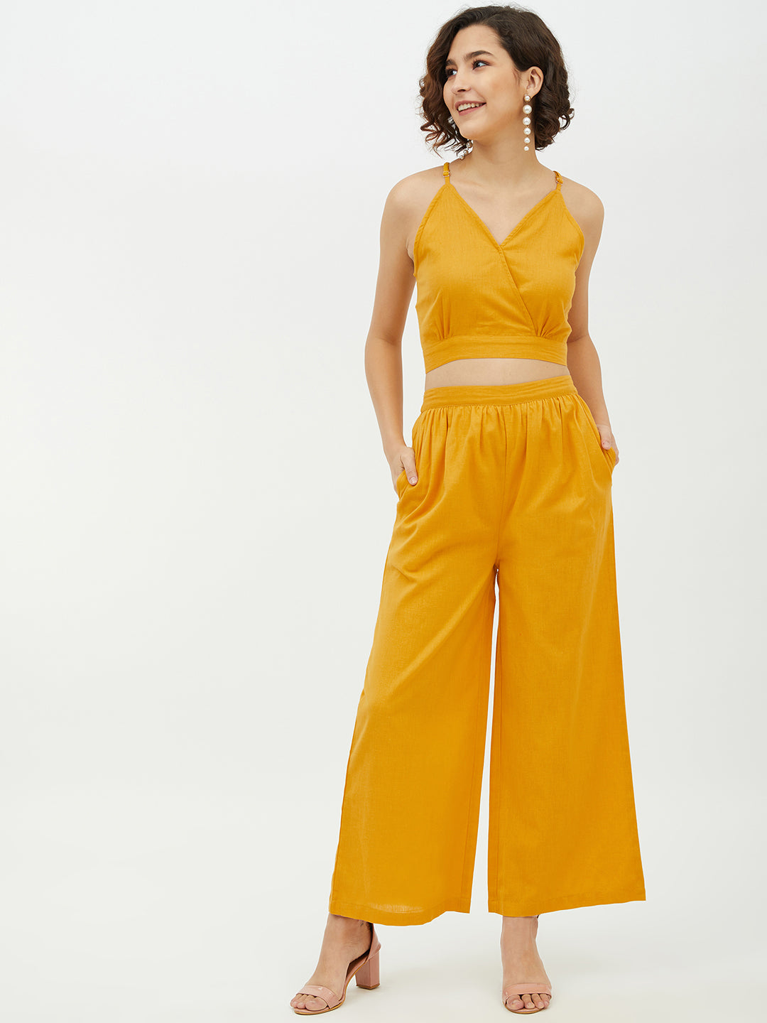 Women's Cotton Linen Yellow Crop Top and Pallazo set - StyleStone