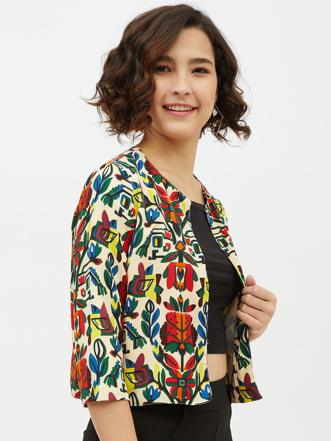 Women's Polyester Moss Floral Printed Open Shrug - StyleStone