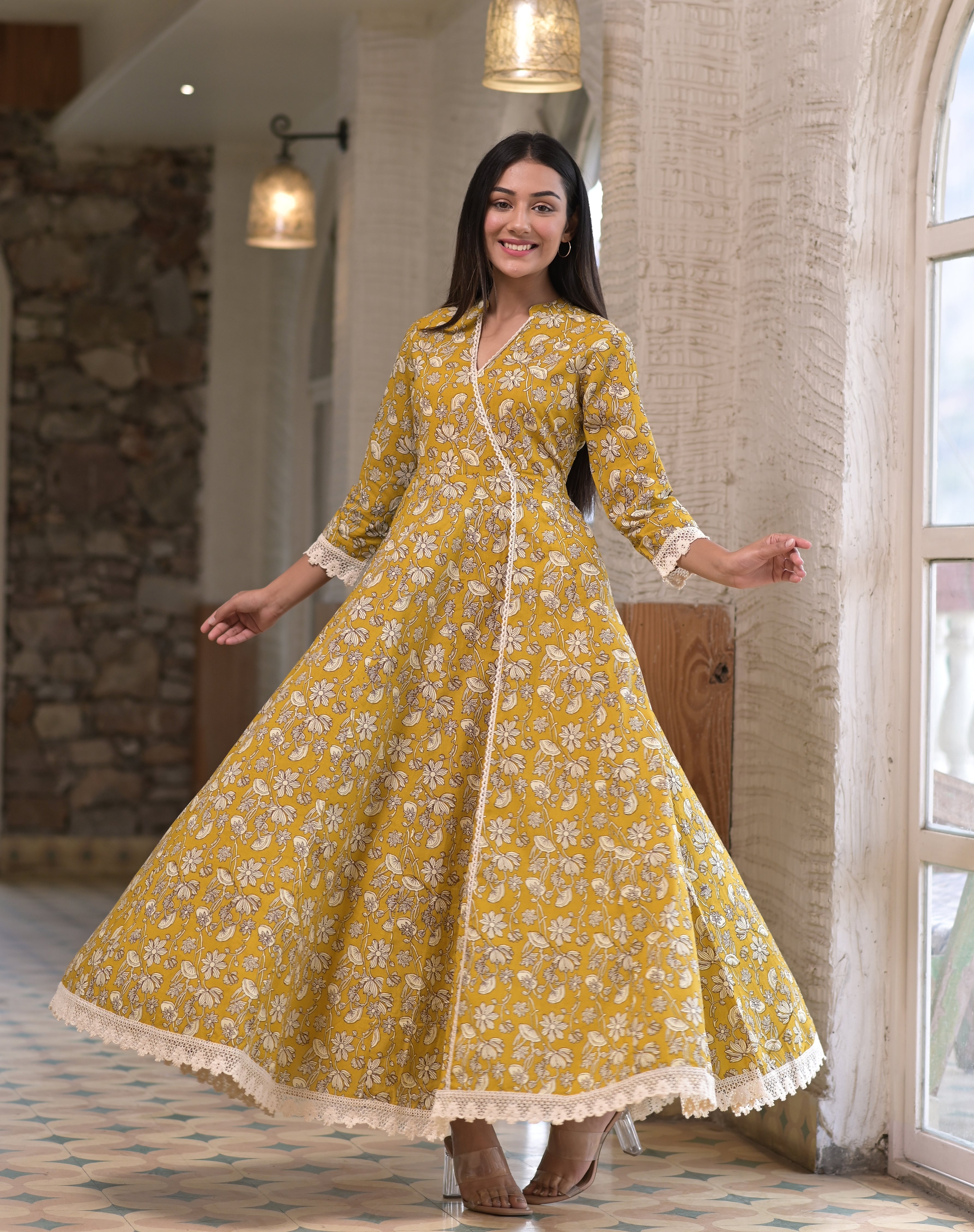 Women's Mustard Printed Flared Dress - Hatheli
