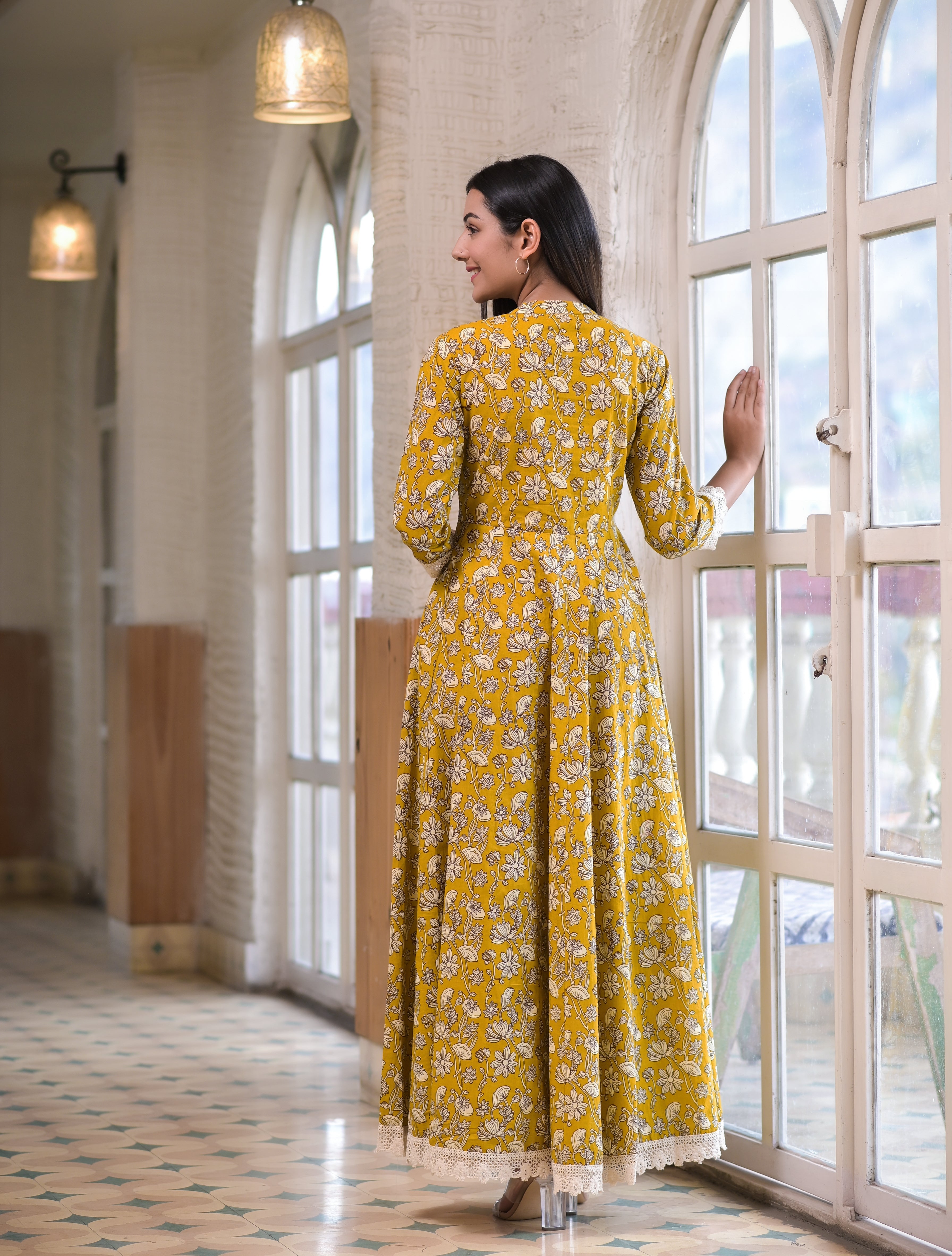 Women's Mustard Printed Flared Dress - Hatheli