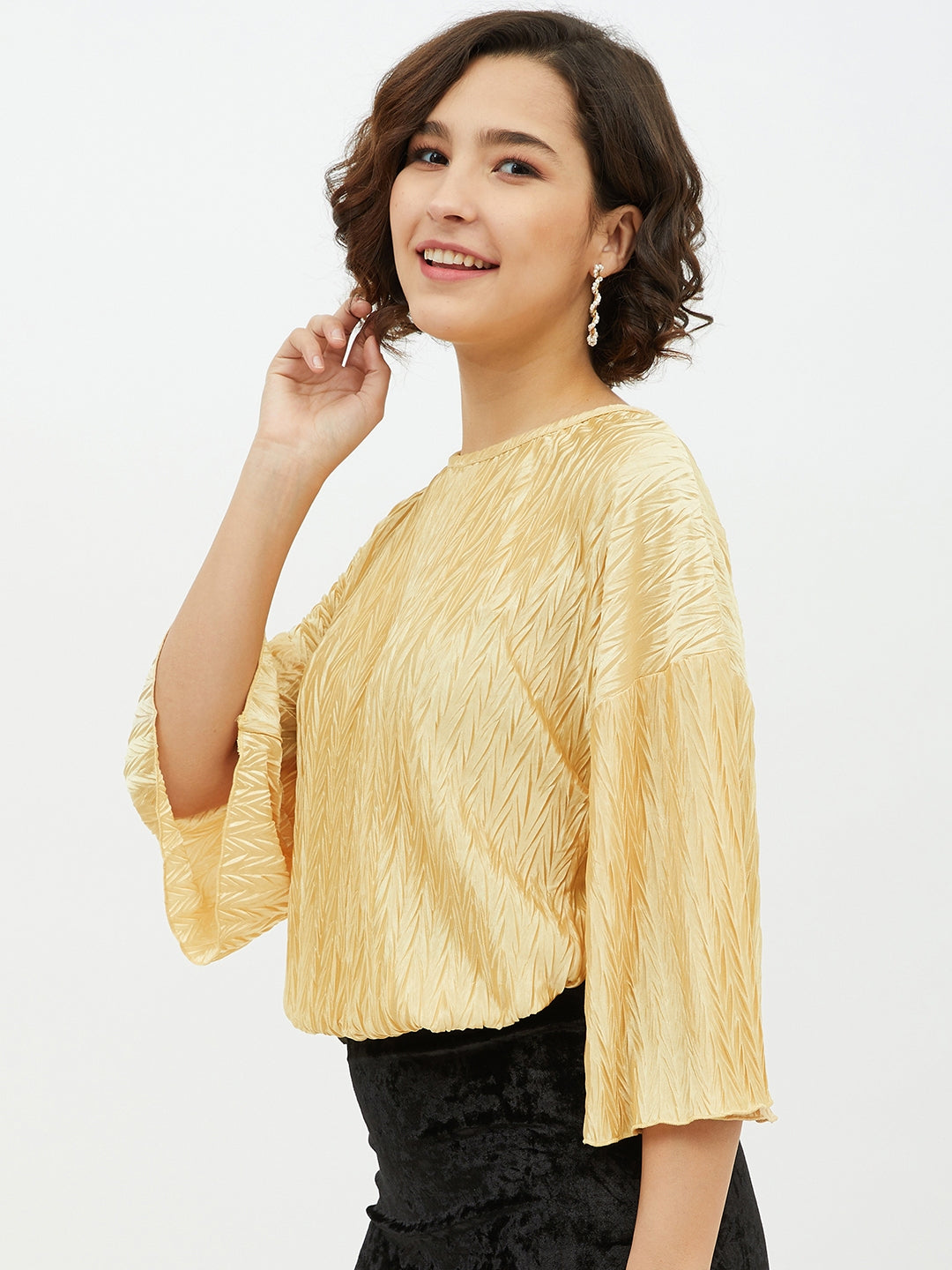 Women's Gold Polyester Satin Crinkle Pattern Top - StyleStone