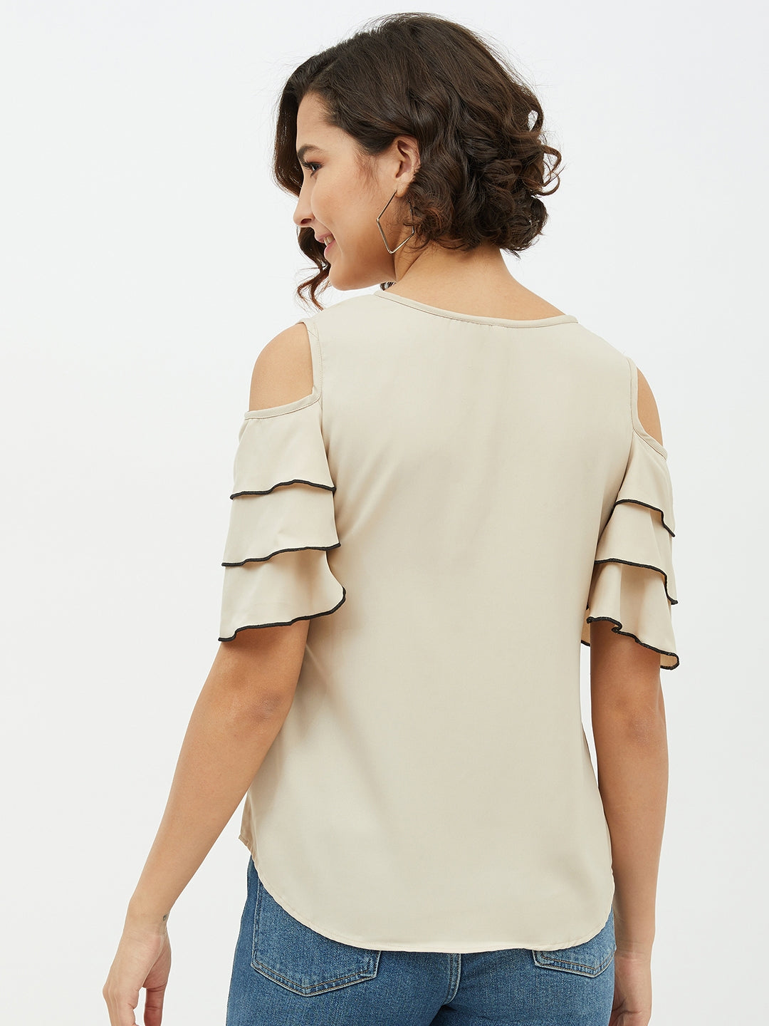 Women's Gold Polyester Moss Tier Sleeve Top - StyleStone