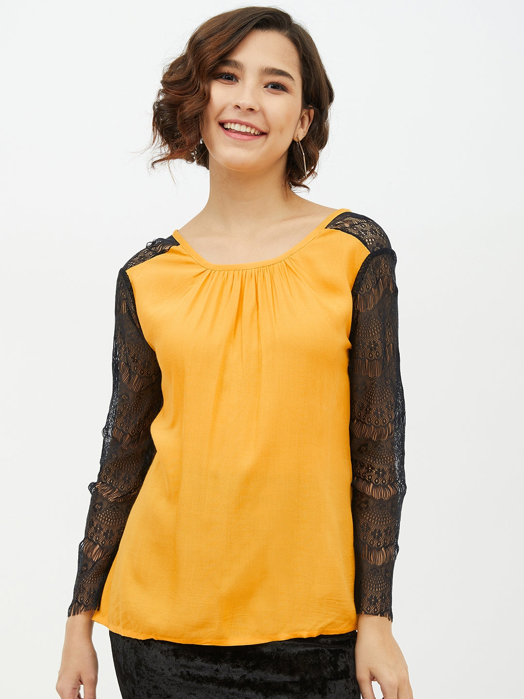 Women's Yellow Rayon Top with Lace Sleeve - StyleStone