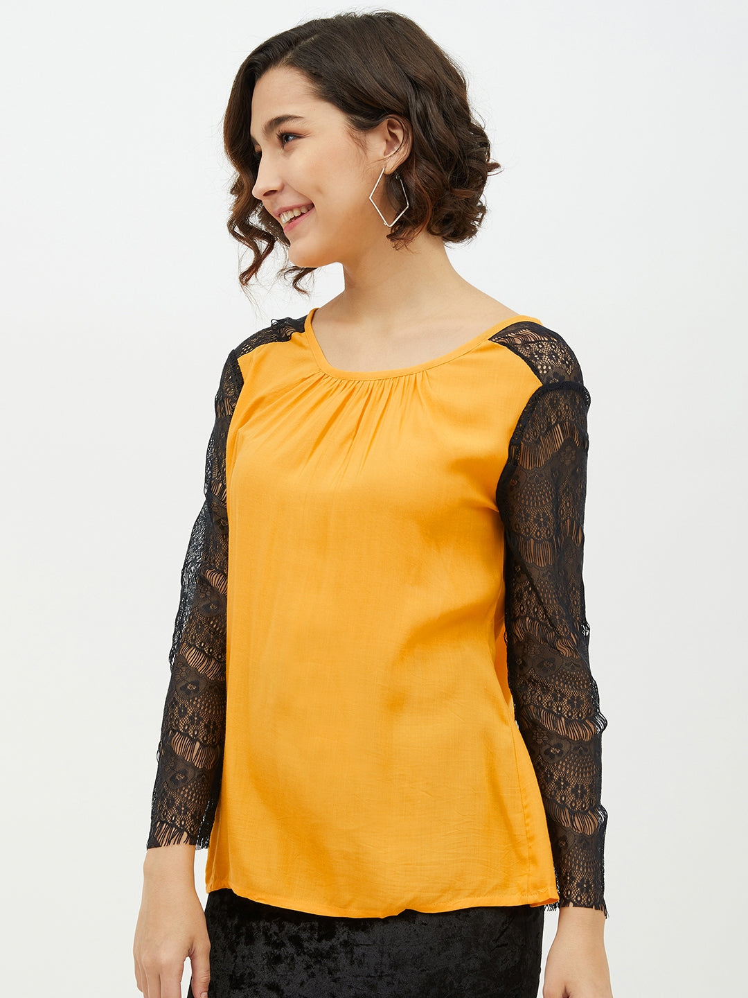 Women's Yellow Rayon Top with Lace Sleeve - StyleStone