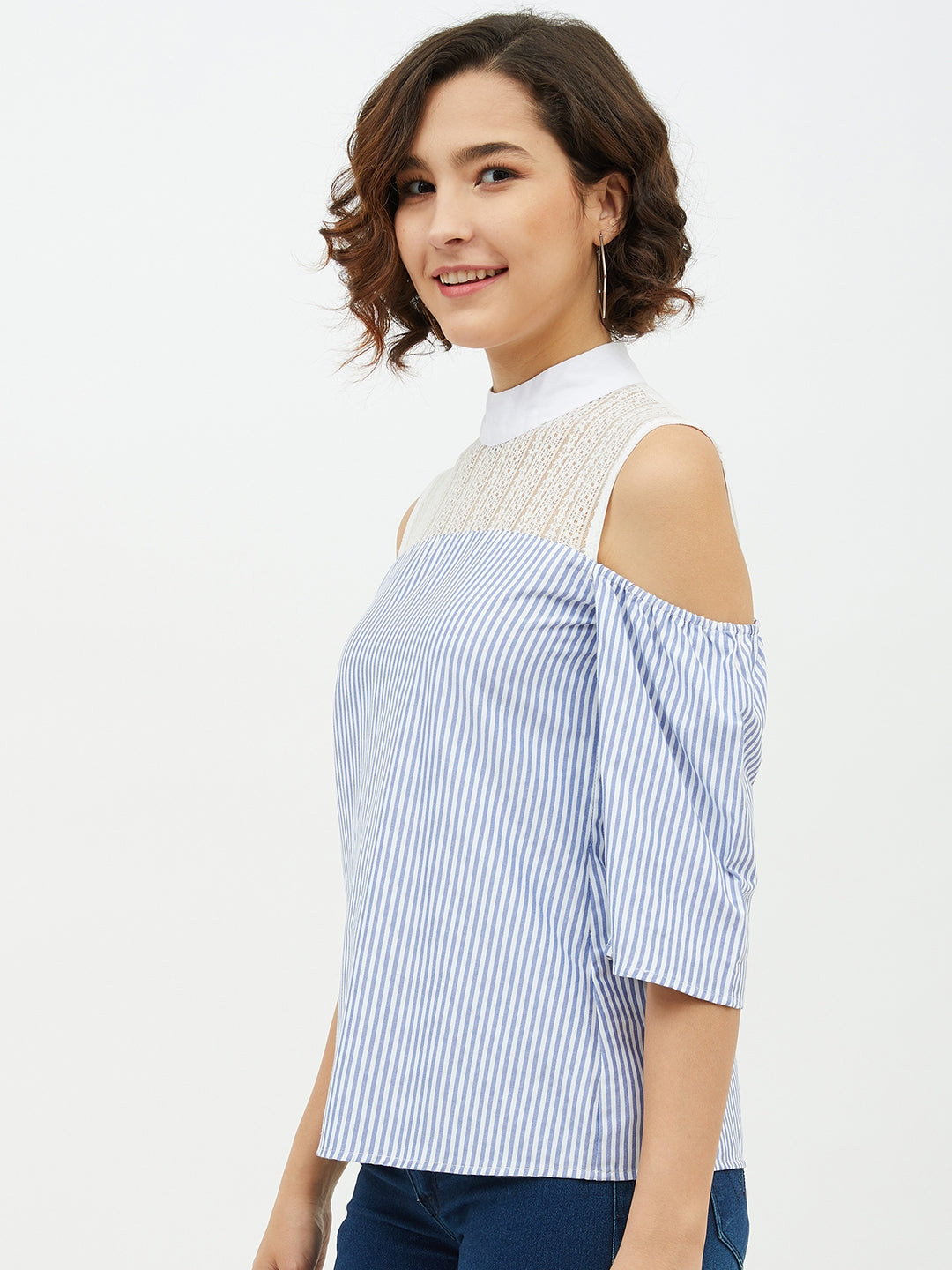 Women's Blue & White Cotton Stripe with Lace detail top - StyleStone
