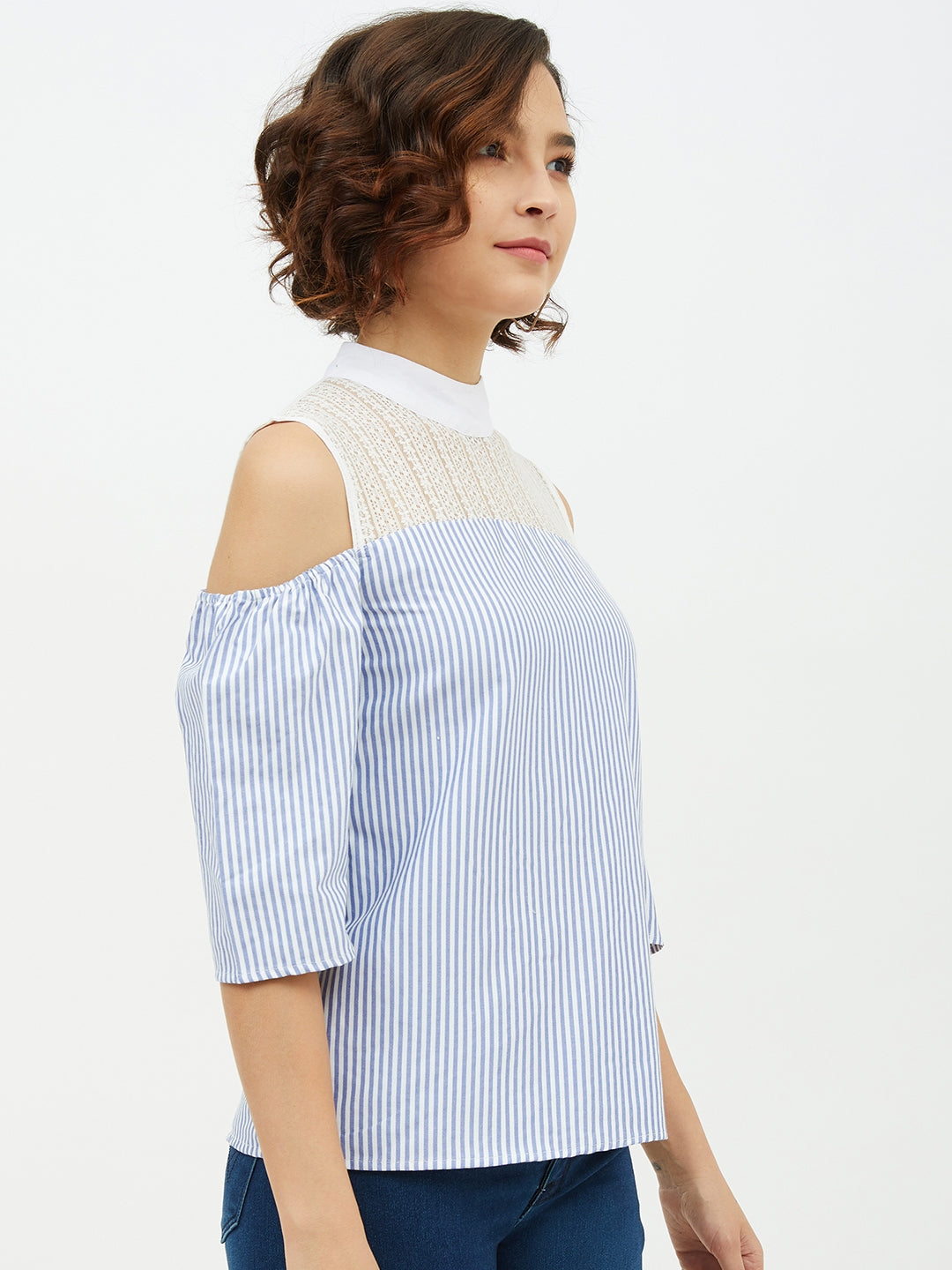 Women's Blue & White Cotton Stripe with Lace detail top - StyleStone