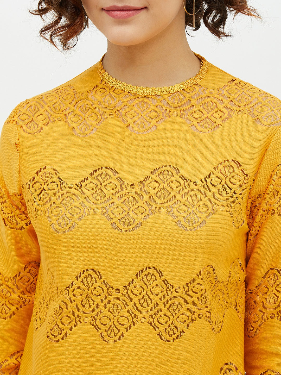 Women's Yellow Self Detail Lace Top - StyleStone