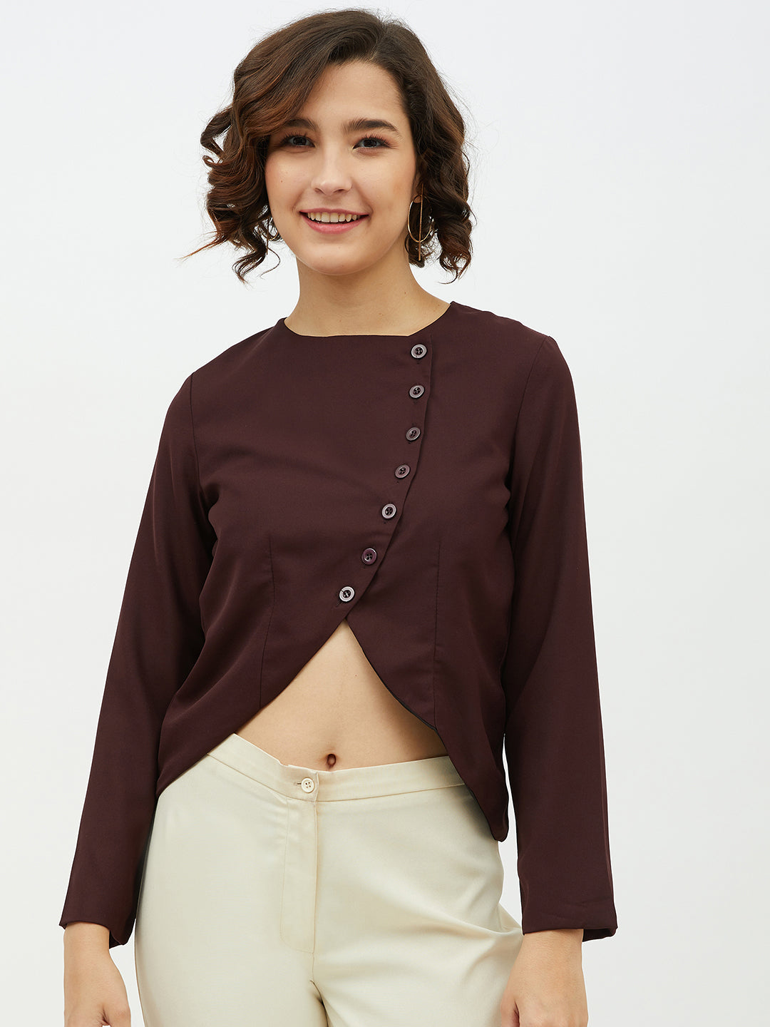 Women's Maroon top with diagonal button top - StyleStone